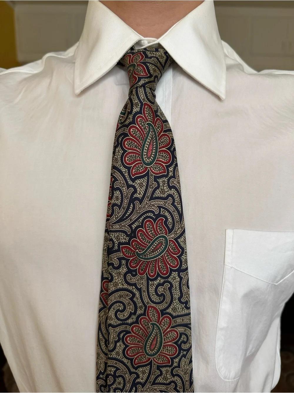 Vintage Oscar de la Renta Couture Silk Neck Tie Paisley Floral in Navy Red Gold